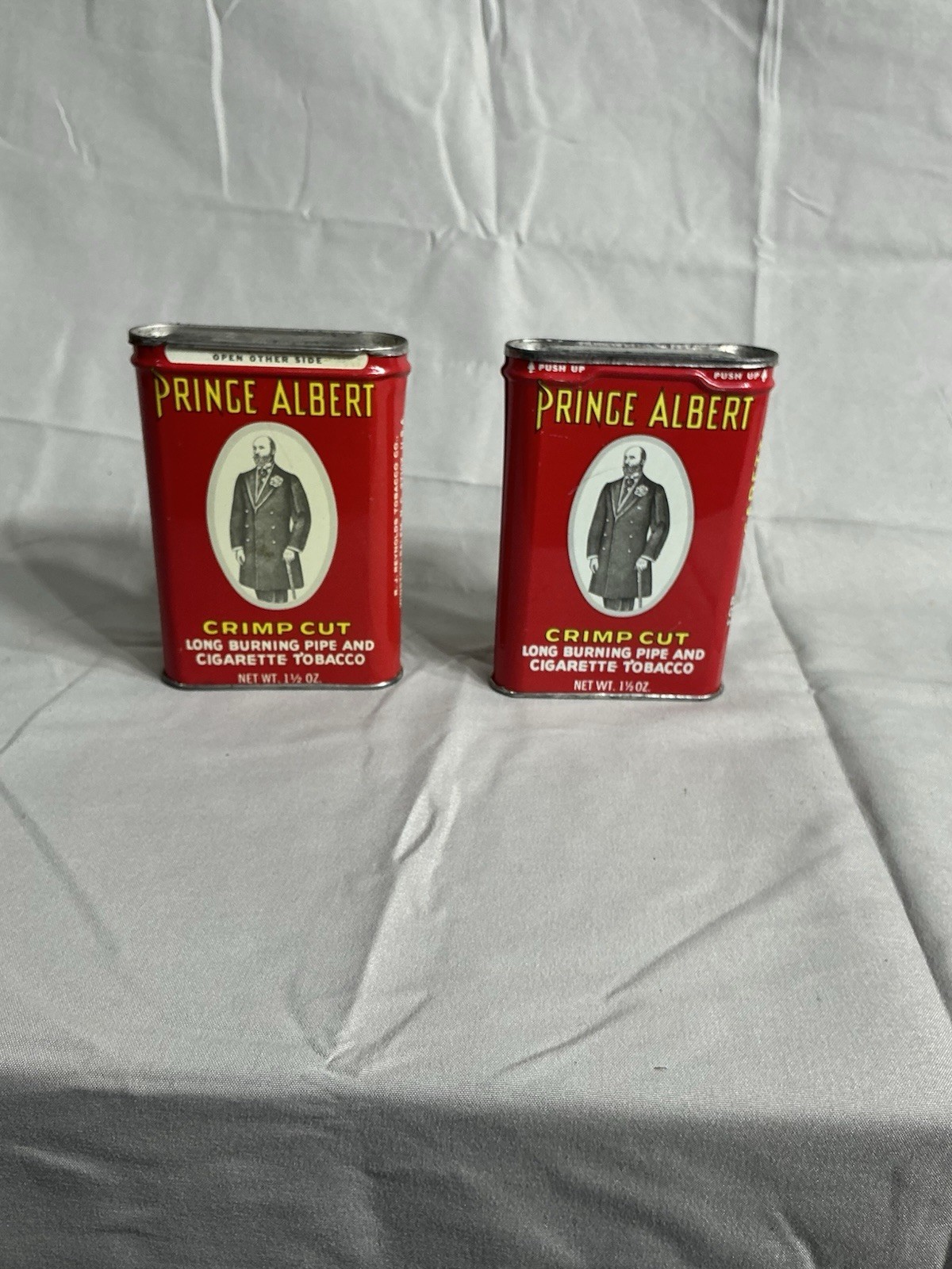 Lot of 2 Vintage Prince Albert Crimp Cut Tobacco Tins 1 1/2 Oz Empty Lot of 2 Vintage Prince Albert Crimp Cut Tobacco Tins 1 1/2 Oz Empty