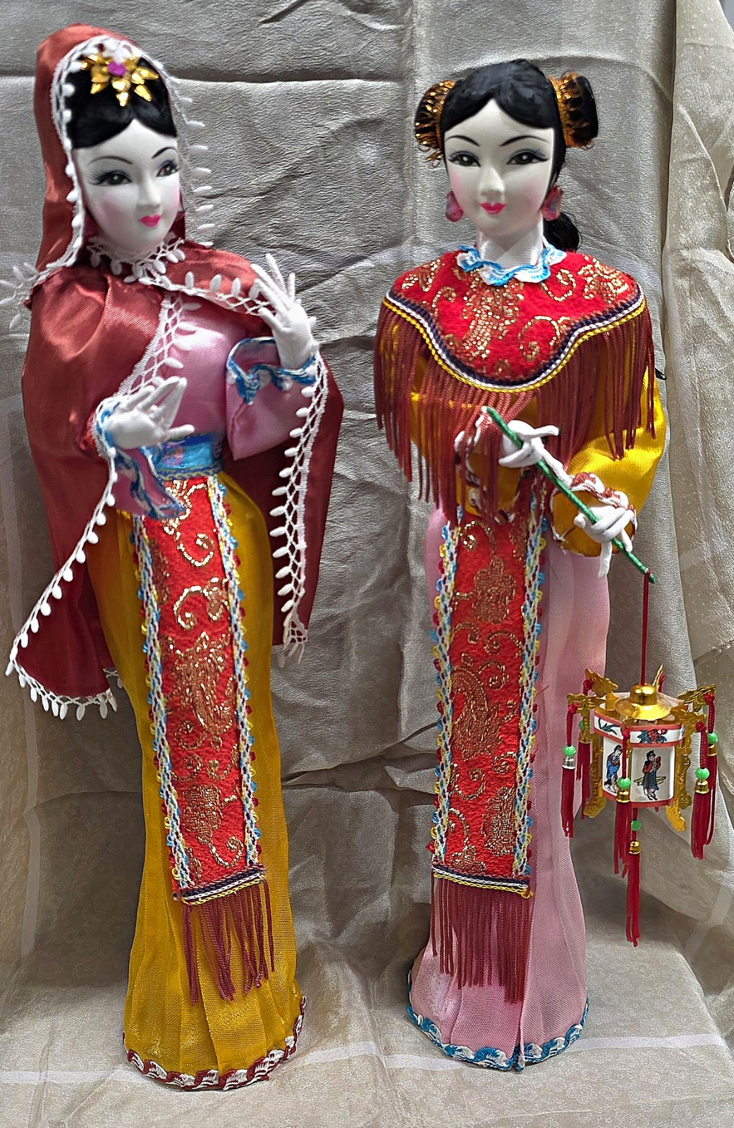 Vintage 15 Inch Asian Silk Souvenir Dolls with Wooden Bases Pair