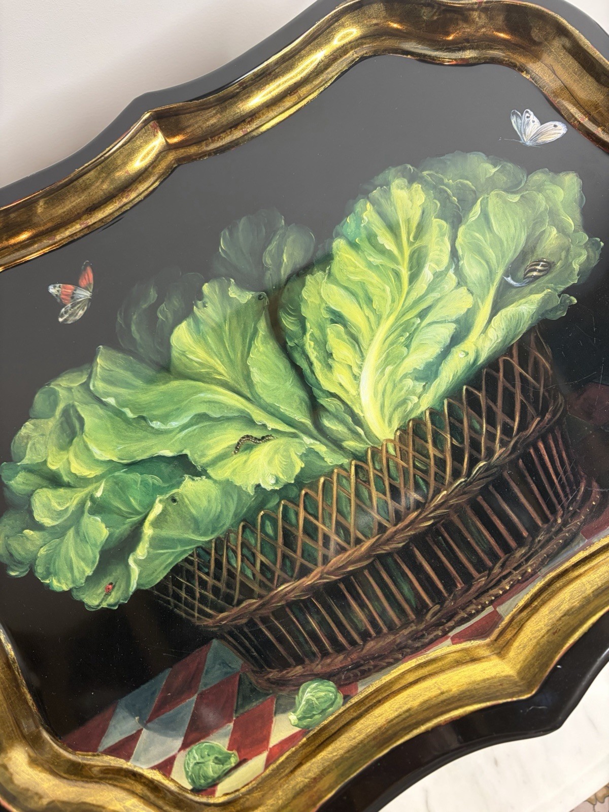 Vintage 1993 Ian Logan London Mimi Roberts Cabbage Butterfly Toleware Tray 22x17