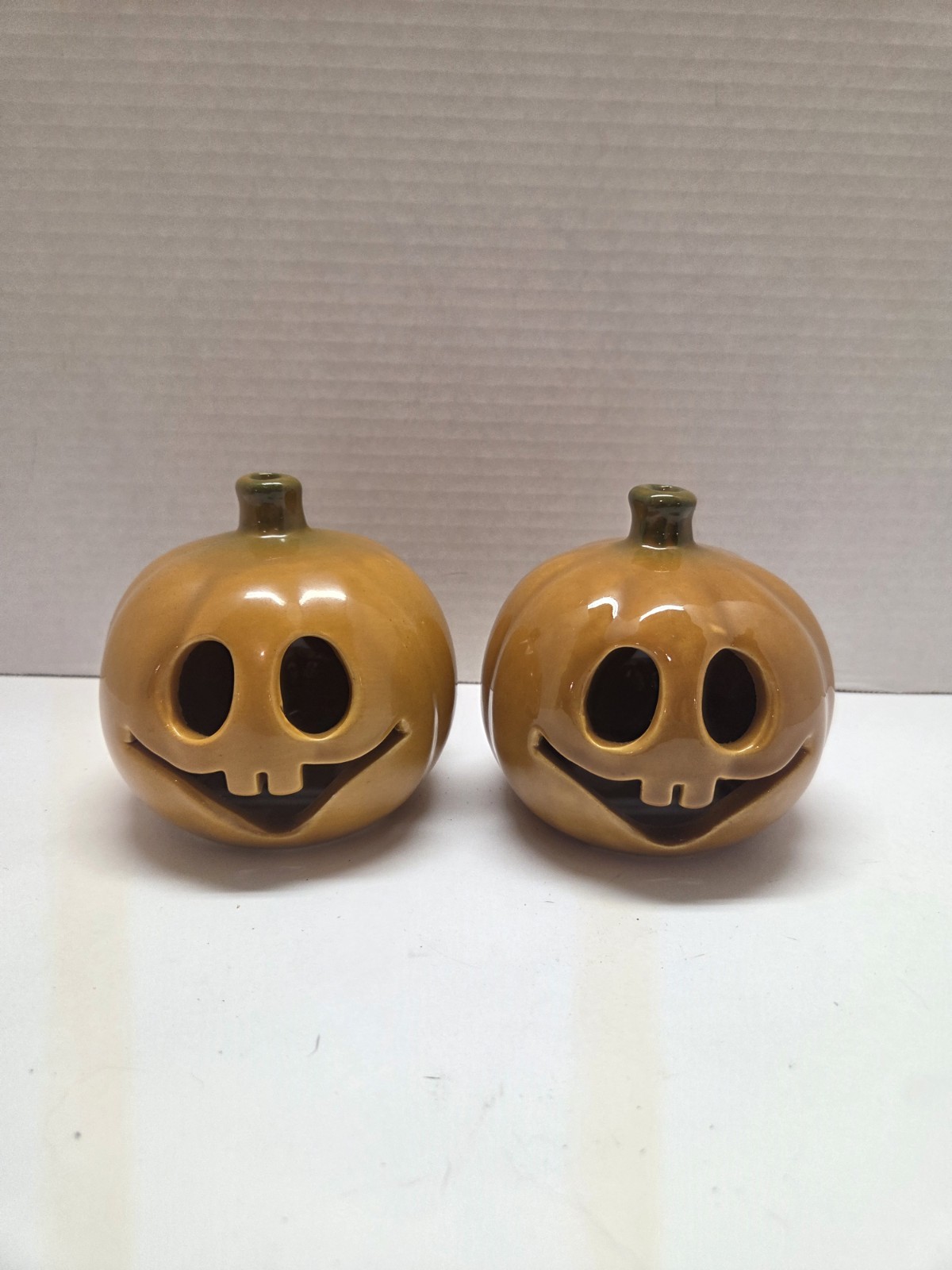 Vintage UPCO Style Ceramic Pumpkin Jack O Lantern Halloween Candle Holder Pair