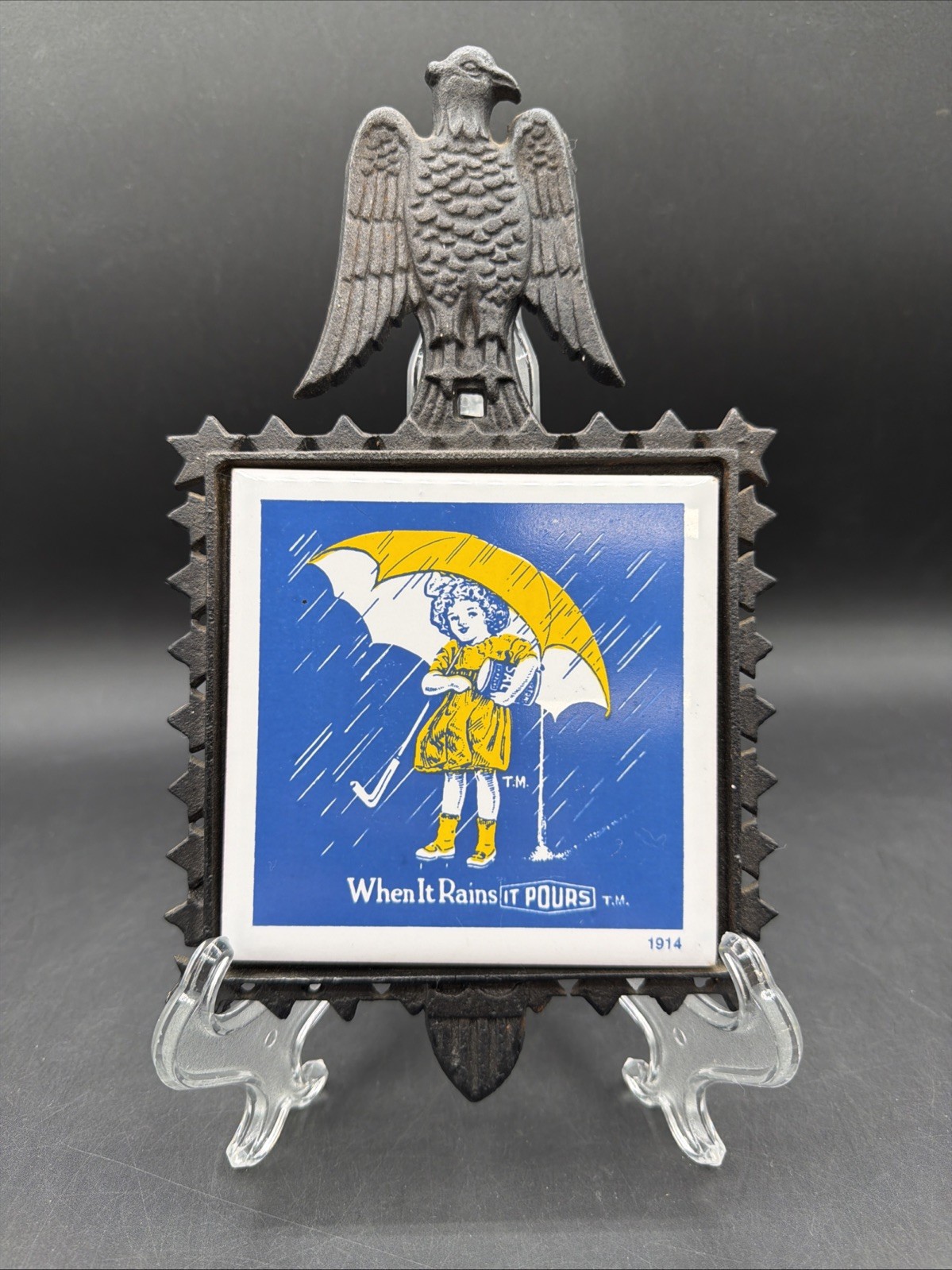 VTG Morton Salt Trivet Cast Iron Eagle Umbrella Girl When it Rains it Pour Japan