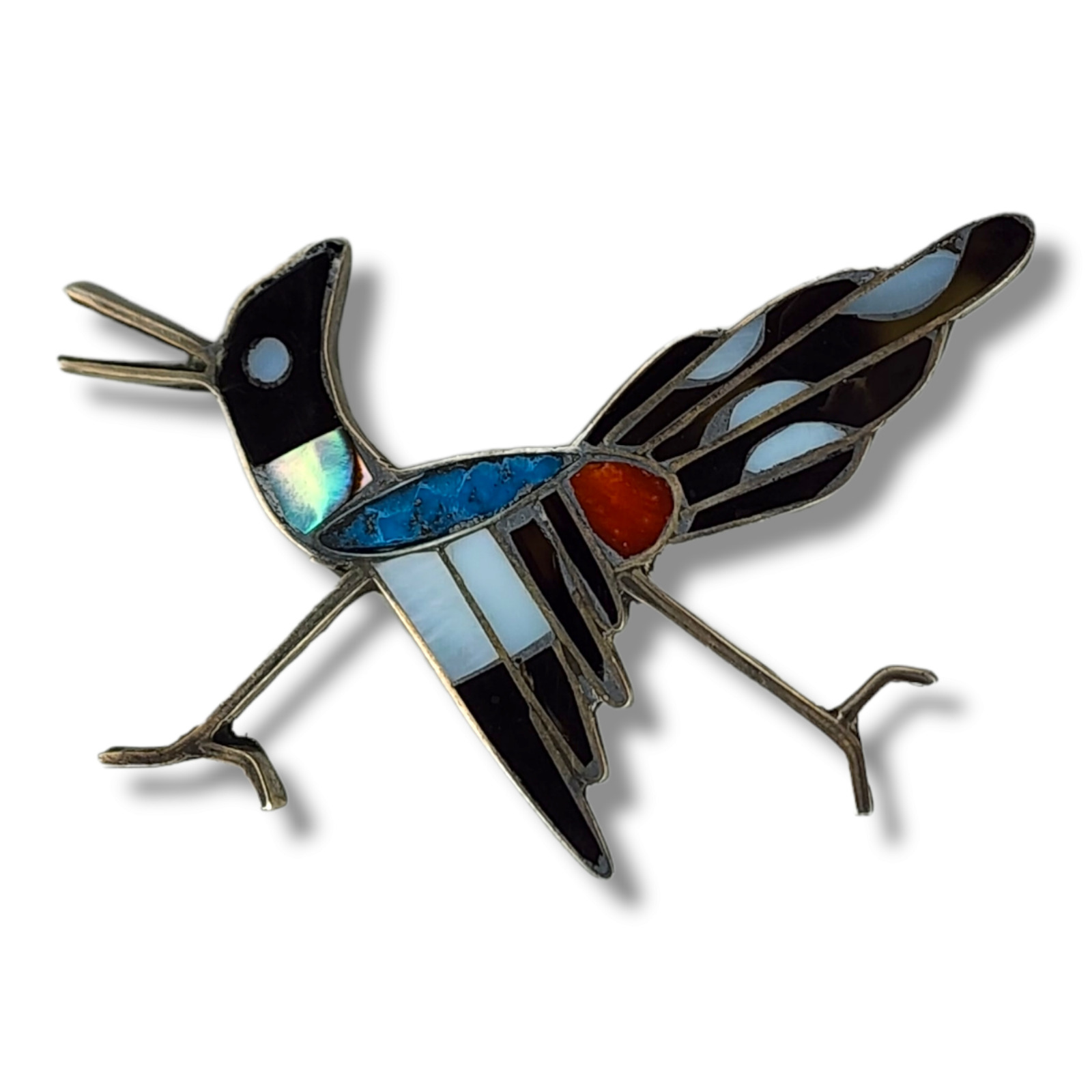 Vintage Zuni Inlay Roadrunner Brooch Pin Sterling Silver Turquoise Coral Abalone
