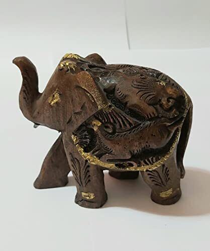 Handcrafted Wood Elephant Statue Wooden Figurine Lucky Sculpture Brown Color ...