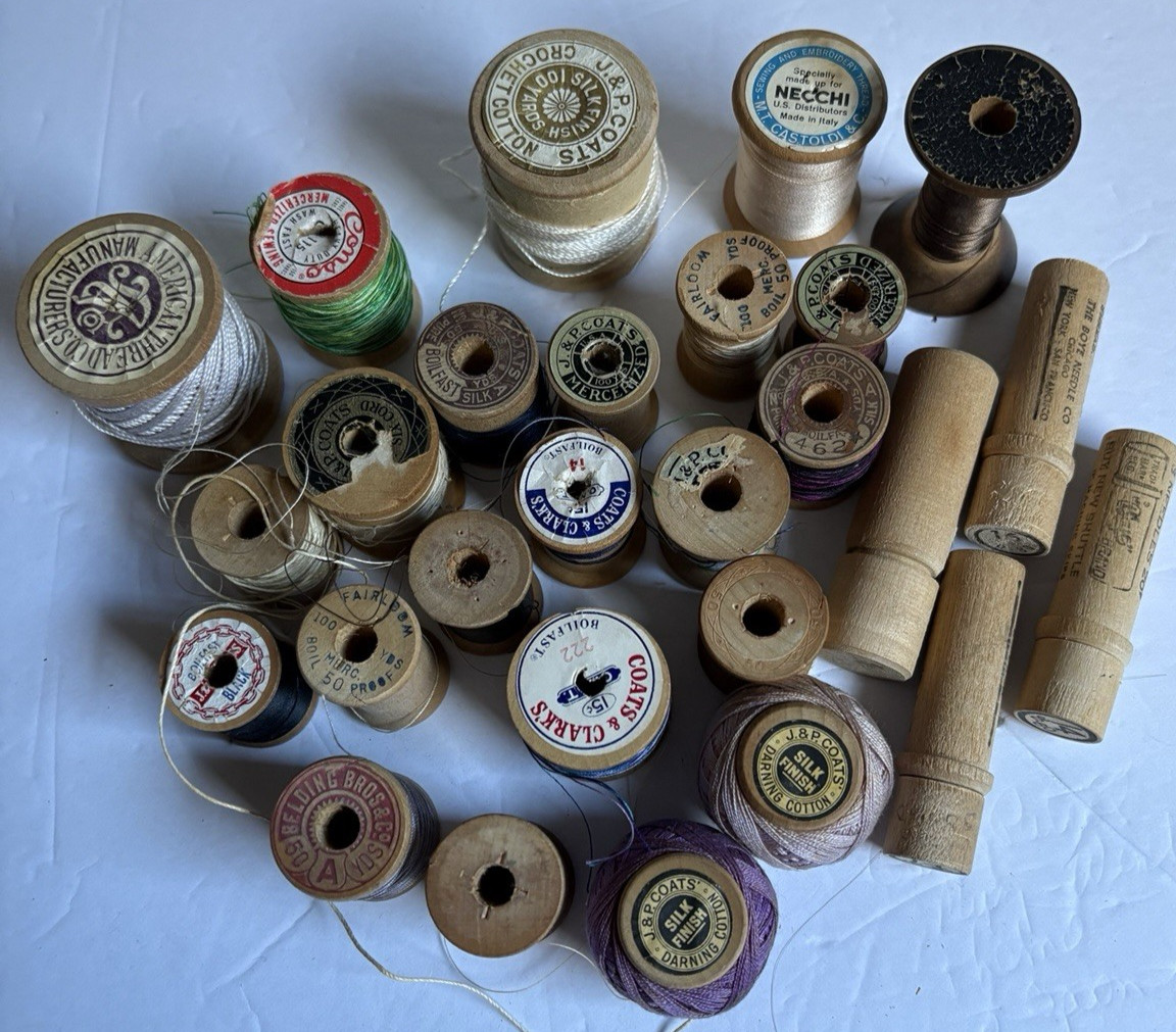 Old Wooden Thread Spools and 4 wooden Needle Holders