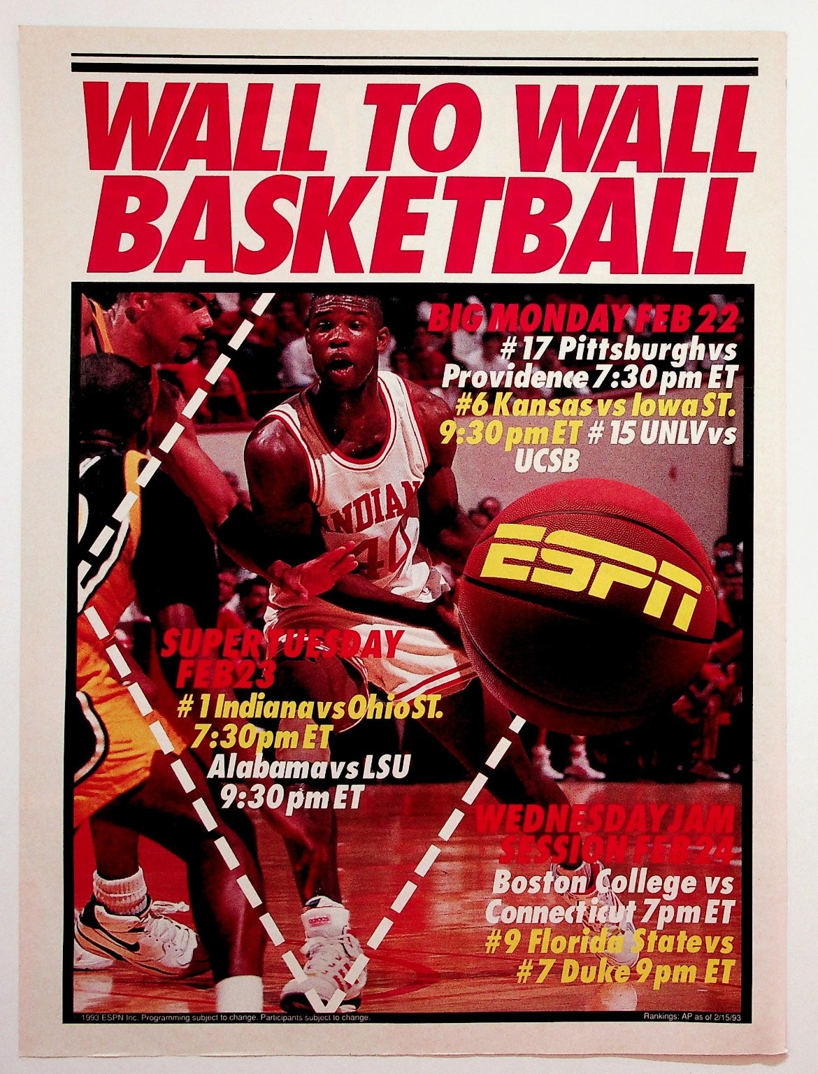 1993 ESPN Wall to Wall Basketball Programming Print Ad Indiana Duke Kansas 1993 ESPN Wall to Wall Basketball Programming Print Ad Indiana Duke Kansas