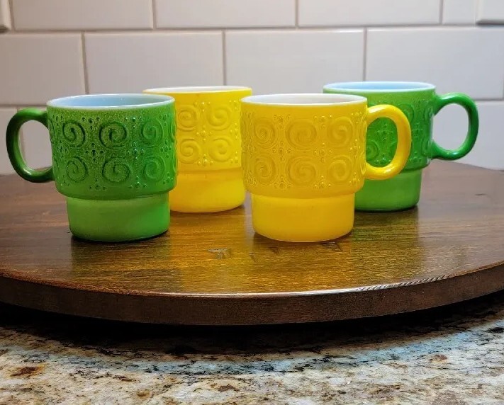 4 Hazel Atlas Embossed Yellow/Green Stackable Milk Glass Coffee Mugs  RETRO