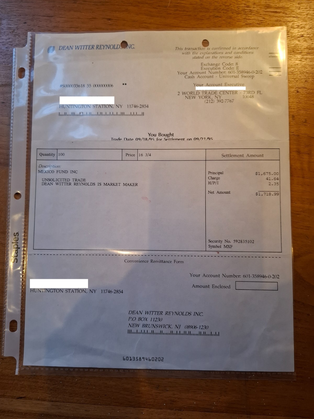 9/11 Sept 11 2001 World Trade Center, Dean Witter Reynolds Inc. Broker Confirm