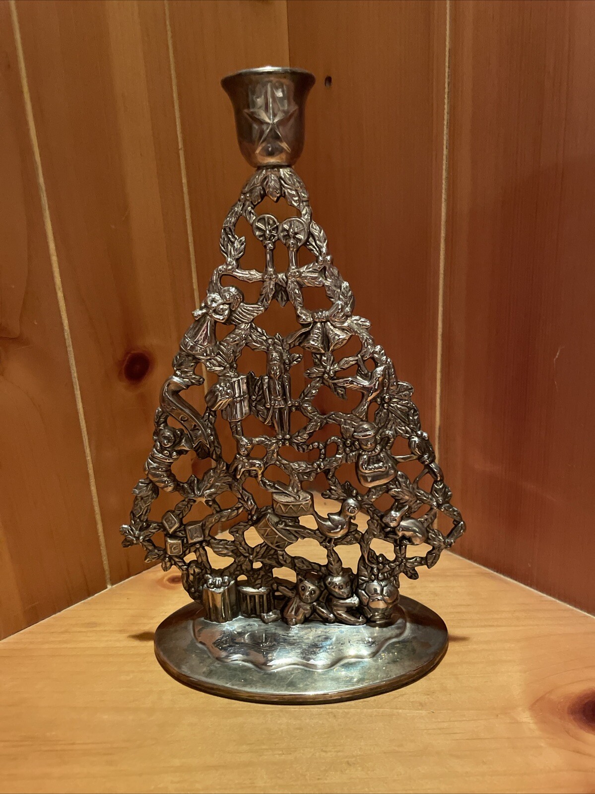 Vintage Godinger Christmas Tree Candle Holder Brass Silver Plate 11”
