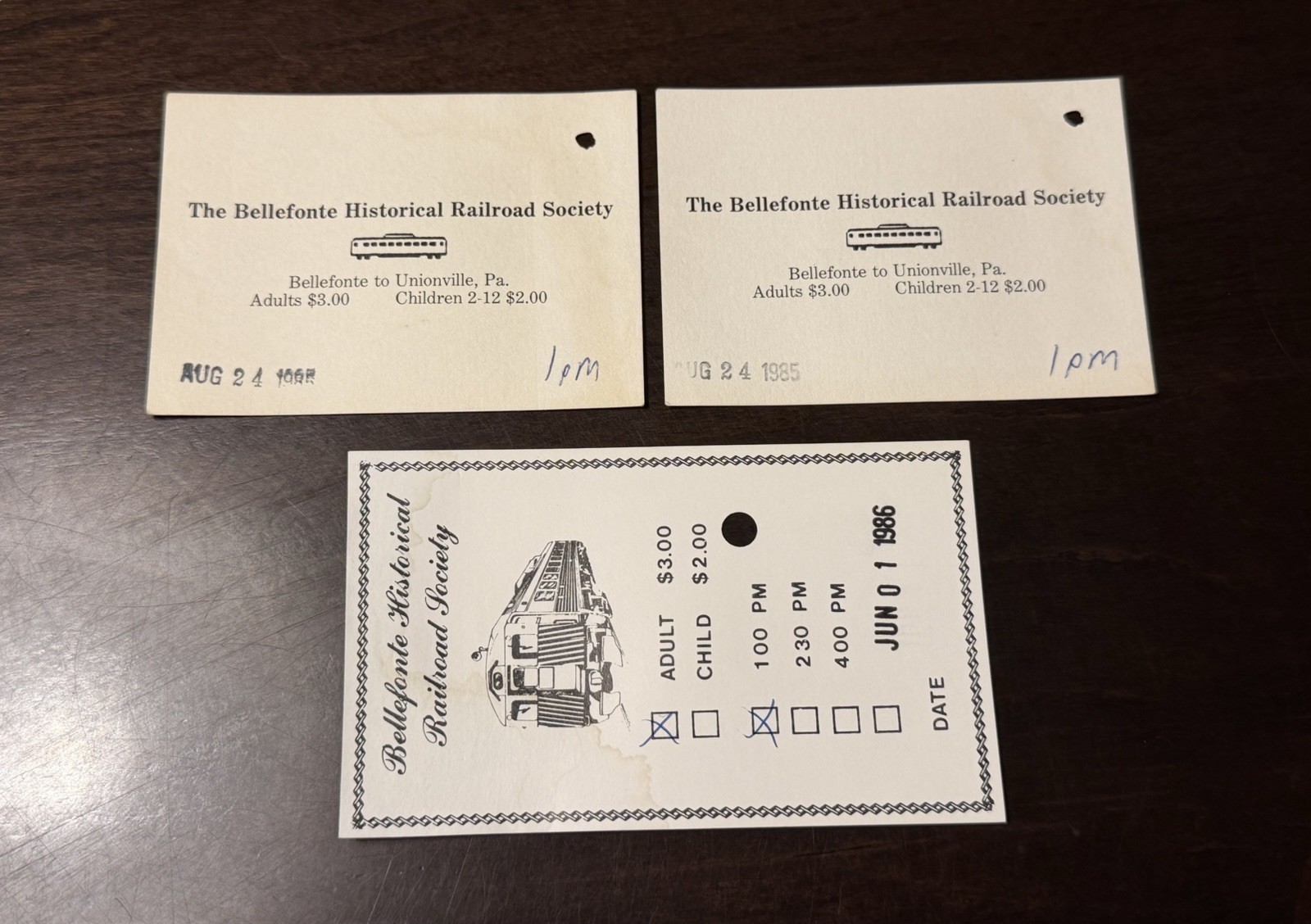 Vintage 1985 1986 Bellefonte Historical Railroad Society Ticket Lot 3 BHRS PA 