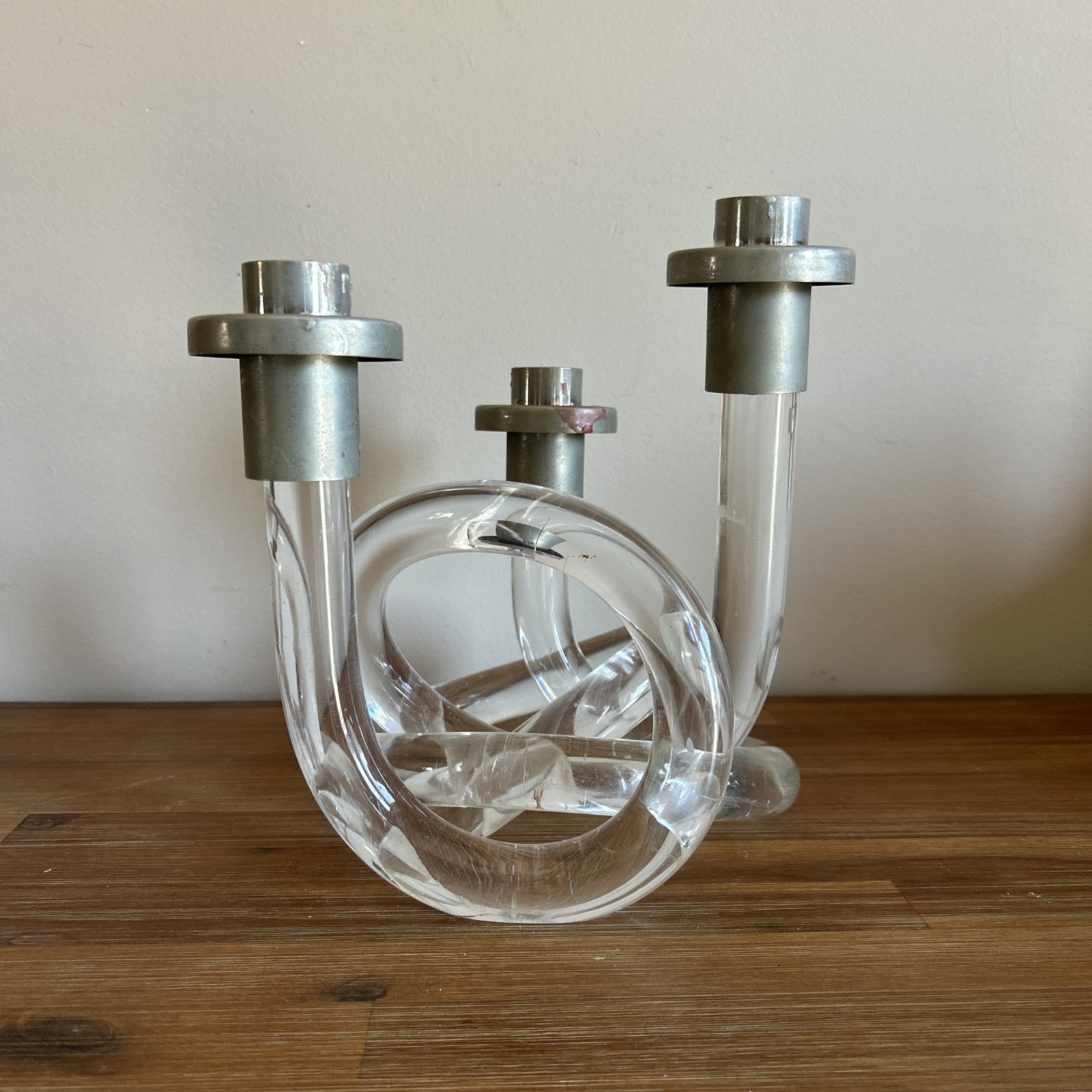 Original Dorothy Thorpe Mid Century Modern Lucite Pretzel 3 Arm Candlestick