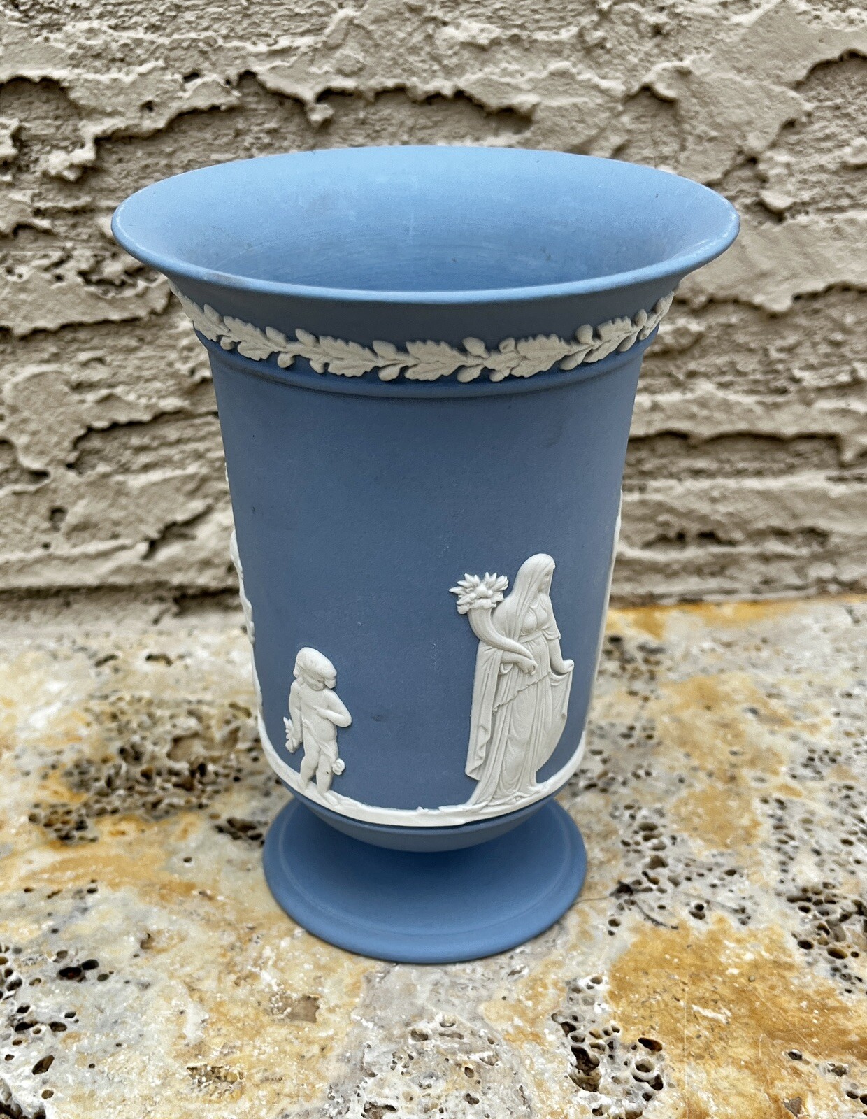 Wedgwood Pale Blue Jasperware Grecian Cupid Psyche Trumpet Vase 5.5 Wedgwood Pale Blue Jasperware Grecian Cupid Psyche Trumpet Vase 5.5