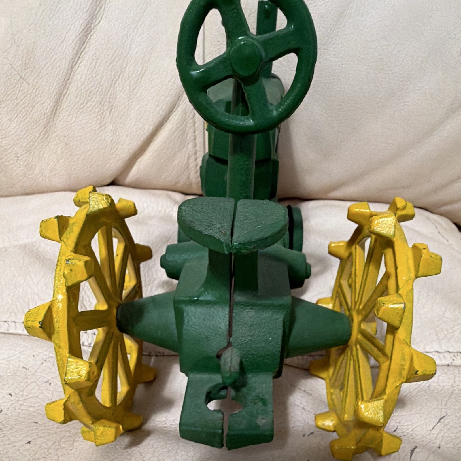 Vintage John Deere Green & yellow cast iron toy tractor heavy 