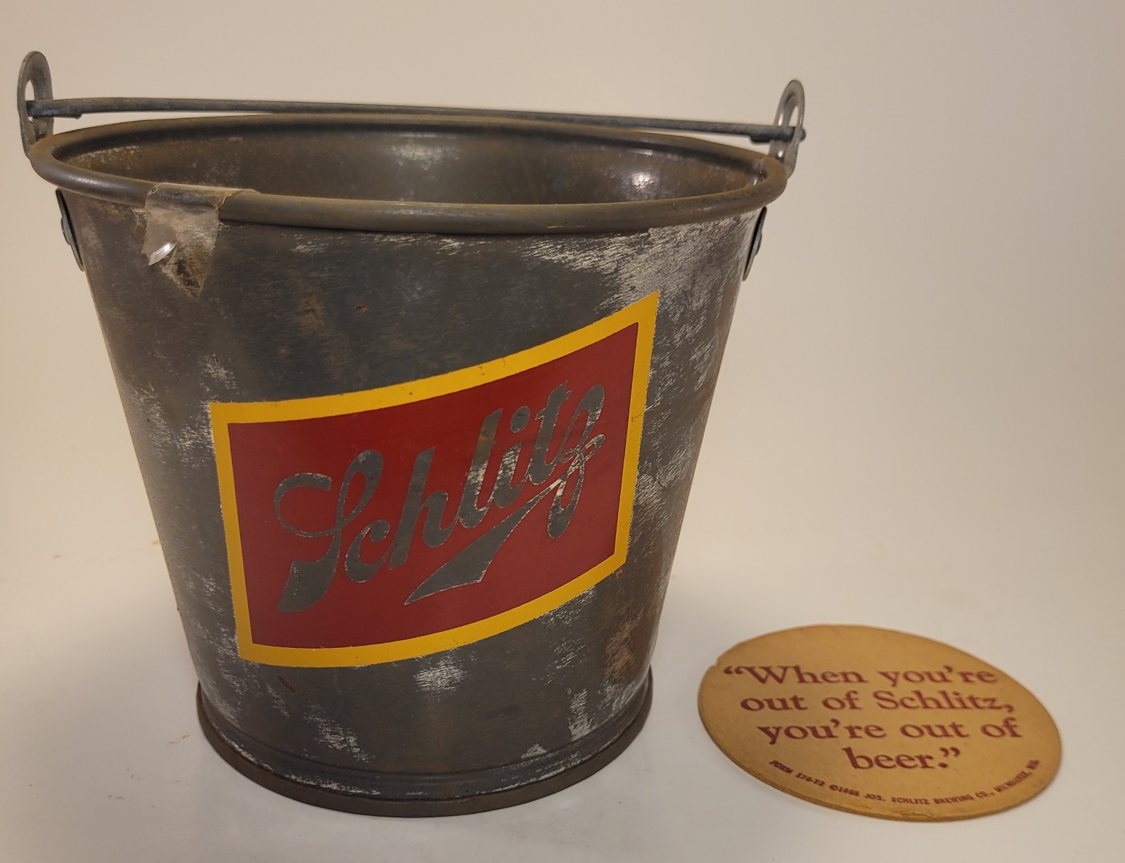 Vintage 1970s Schlitz Metal Beer Bucket with Coaster Ice pail for decor or beer