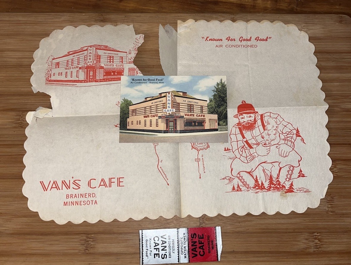 Vintage Minnesota Postcard Placemat BRAINERD Vans Cafe Restaurant 1950s Dining