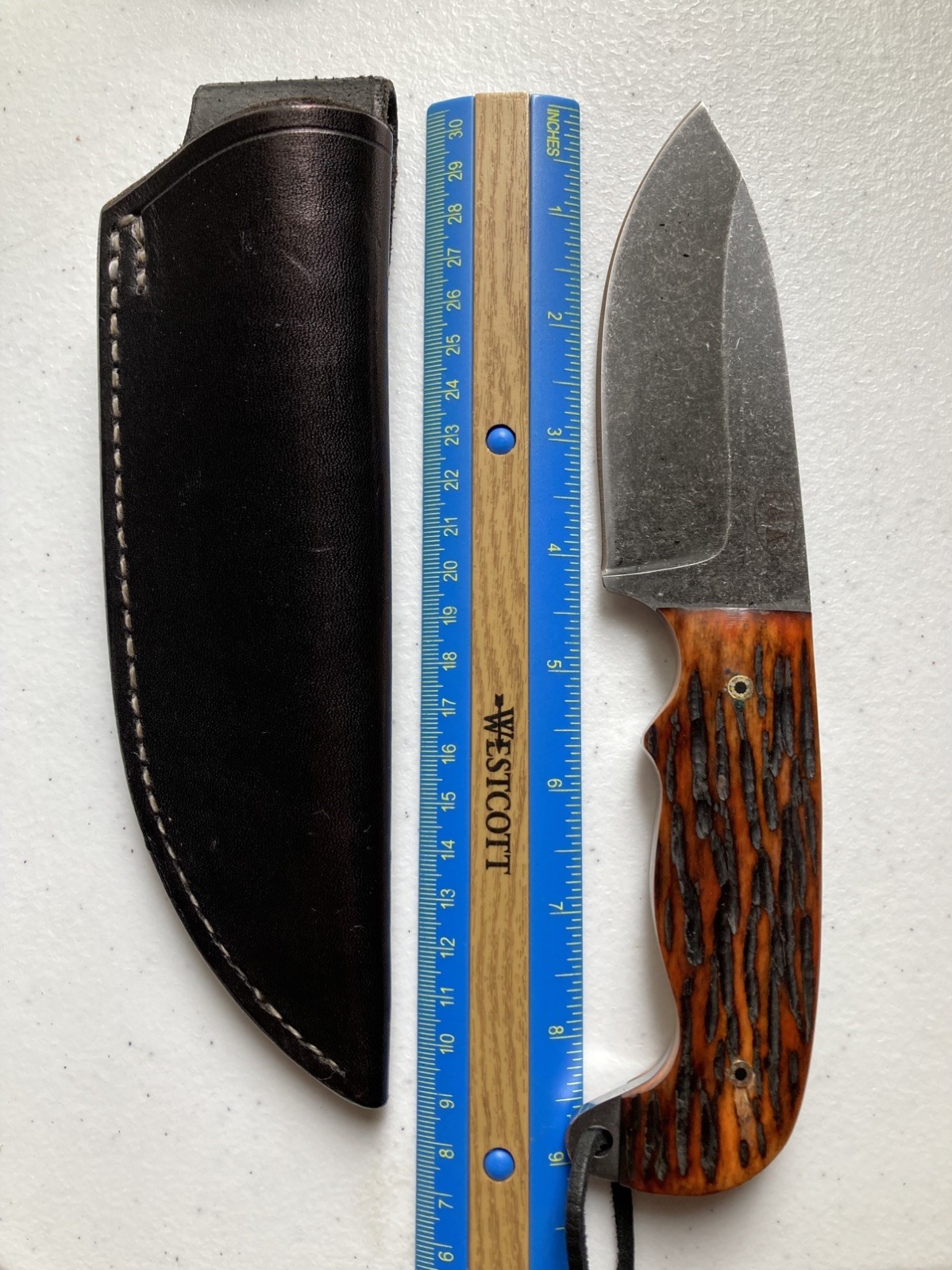 Custom R & A  Drop Point Knife Hand Forged Sambar Stag Custom Leather Sheath