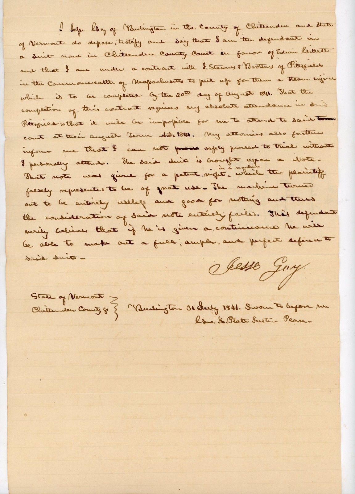 1841 Handwritten VT Legal Manuscript Lawsuit Note Patent Fraud Steam Engine Gove