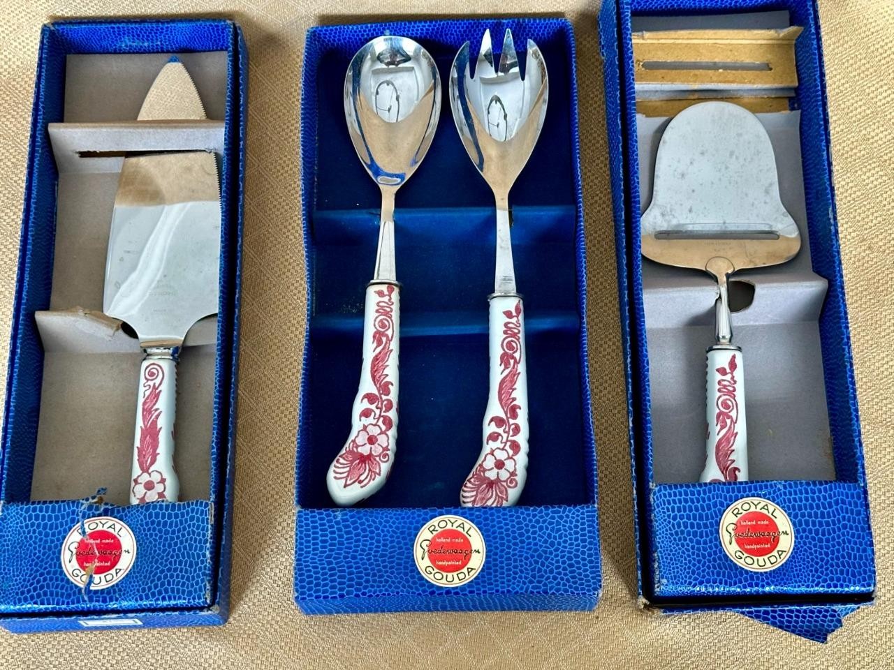 Vtg RED Delft Holland Stainless Porcelain LOT Utensils Royal Gouda Goedewaagen