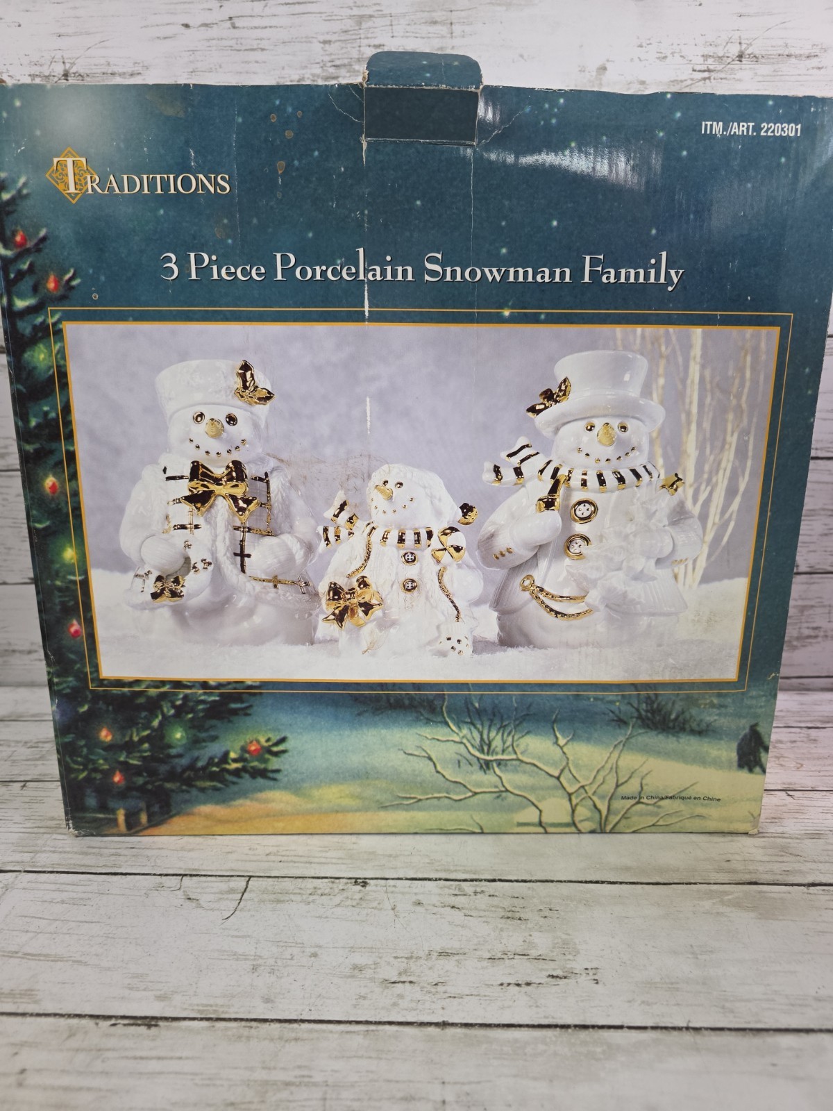 VTG Traditions 3 Pc Porcelain Snowman Family White & Gold With Original Box