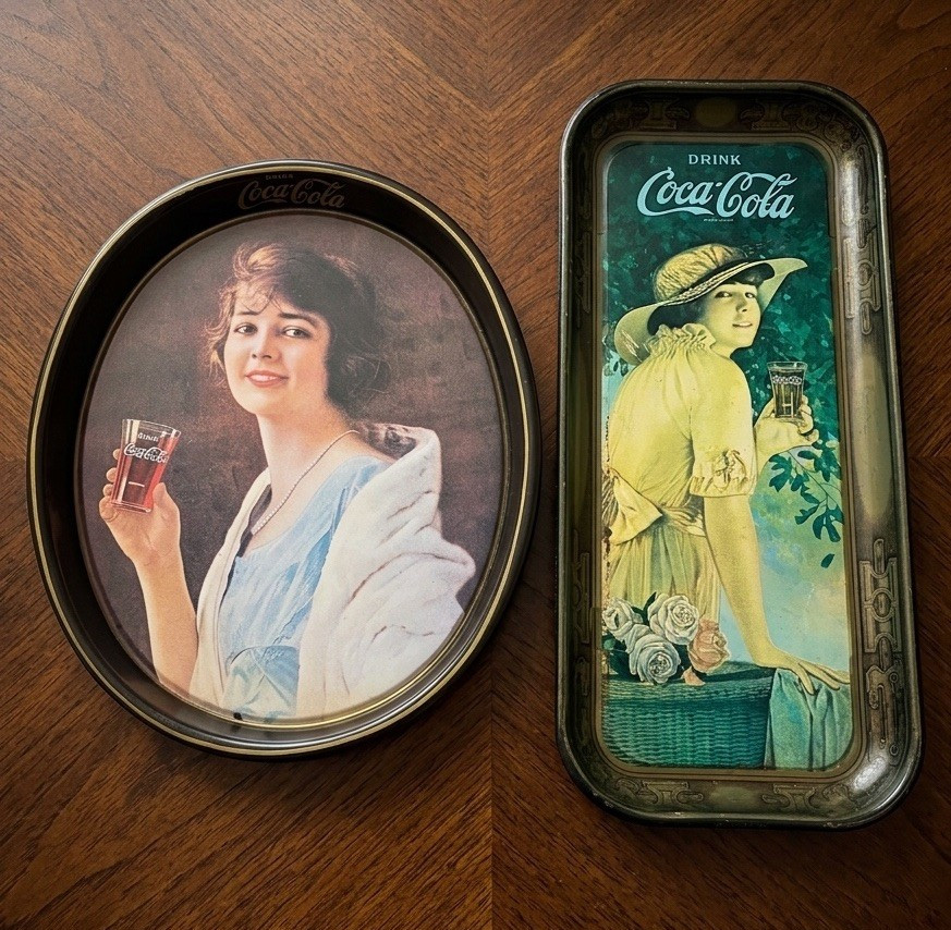 Set 2 Vintage 1970s Coca Cola Metal Trays 1916 Elaine 1925 Top Hat Girl Replica Set 2 Vintage 1970s Coca Cola Metal Trays 1916 Elaine 1925 Top Hat Girl Replica
