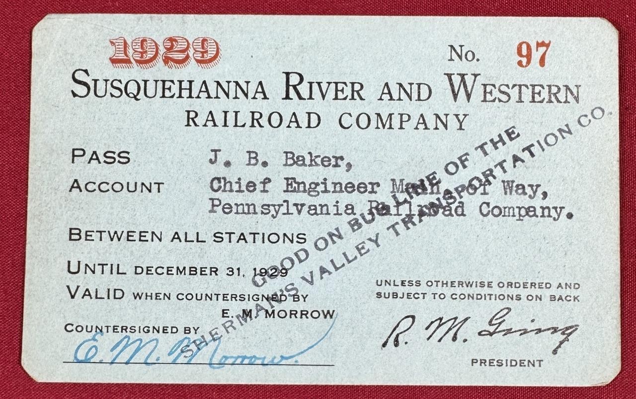 1929 Susquehanna River & Western Railroad Annual Pass (Perry County PA RR)