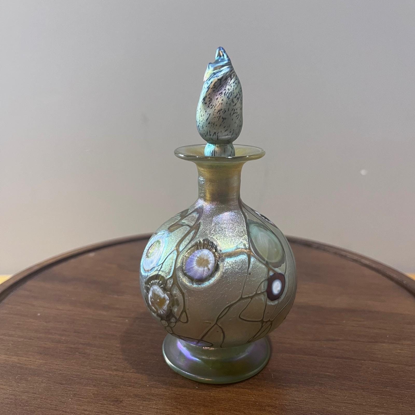 Vtg Handblown Art Nouveau Iridescent Millefiori Glass Perfume Bottle 5.25\
