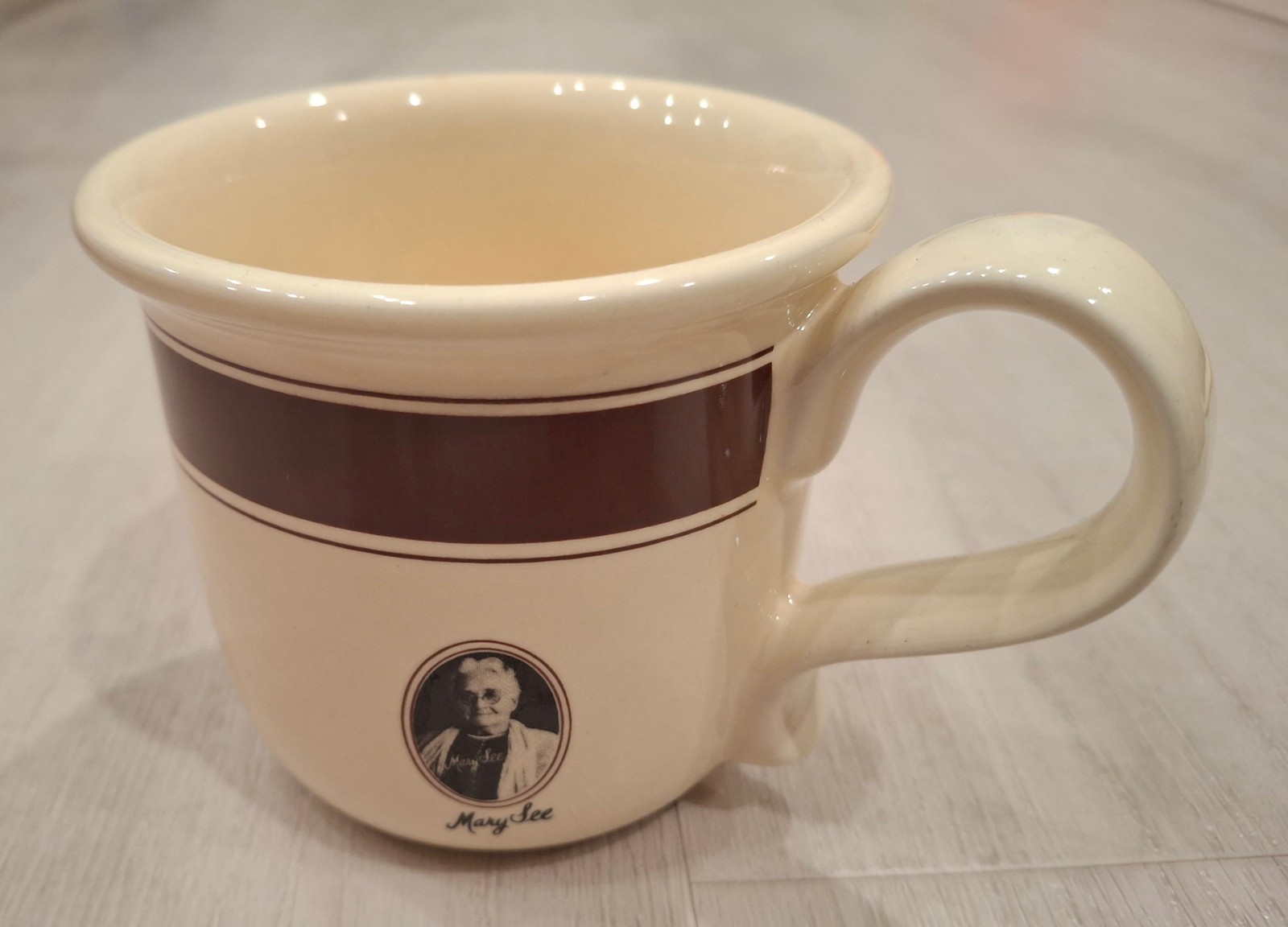 Vtg See's Candies Cream & Brown Flared Ceramic Coffee Mug RETRO CANDY DESIGN