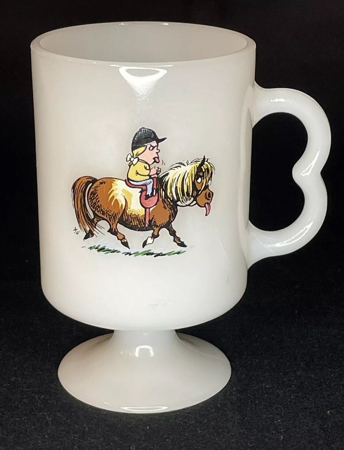 Vintage Norman Thelwell Pony & Rider Milk Glass Pedestal Mug
