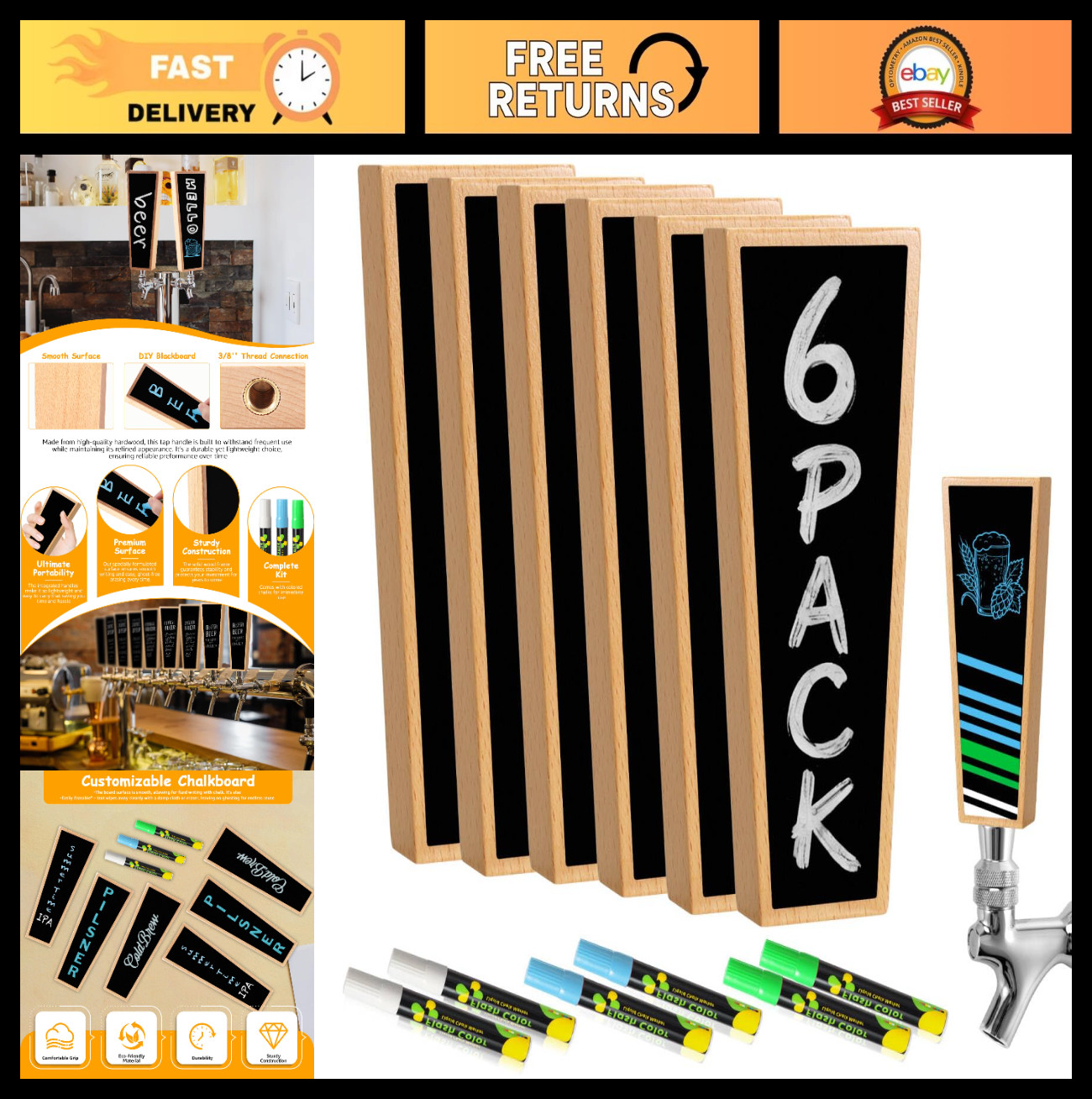 6PCS Wooden Beer Tap Handles Set, Keg Tap Handle with Chalkboard Markers