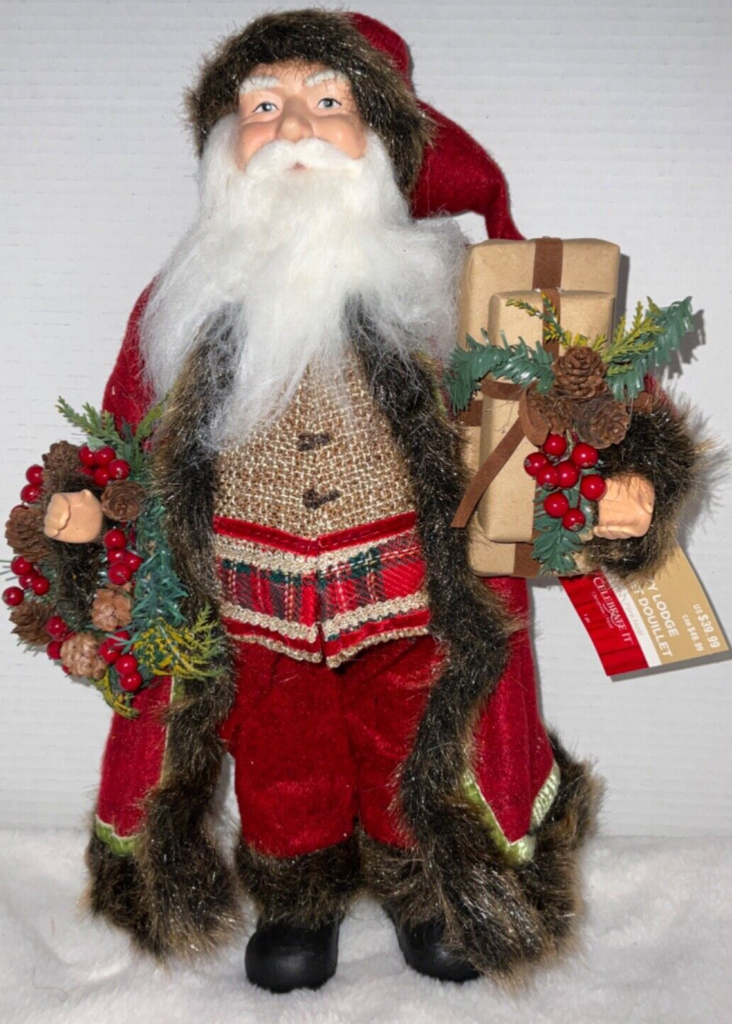 Celebrate It Cozy Lodge Old World Santa Wreath Gifts Burgundy Faux Fur Brown