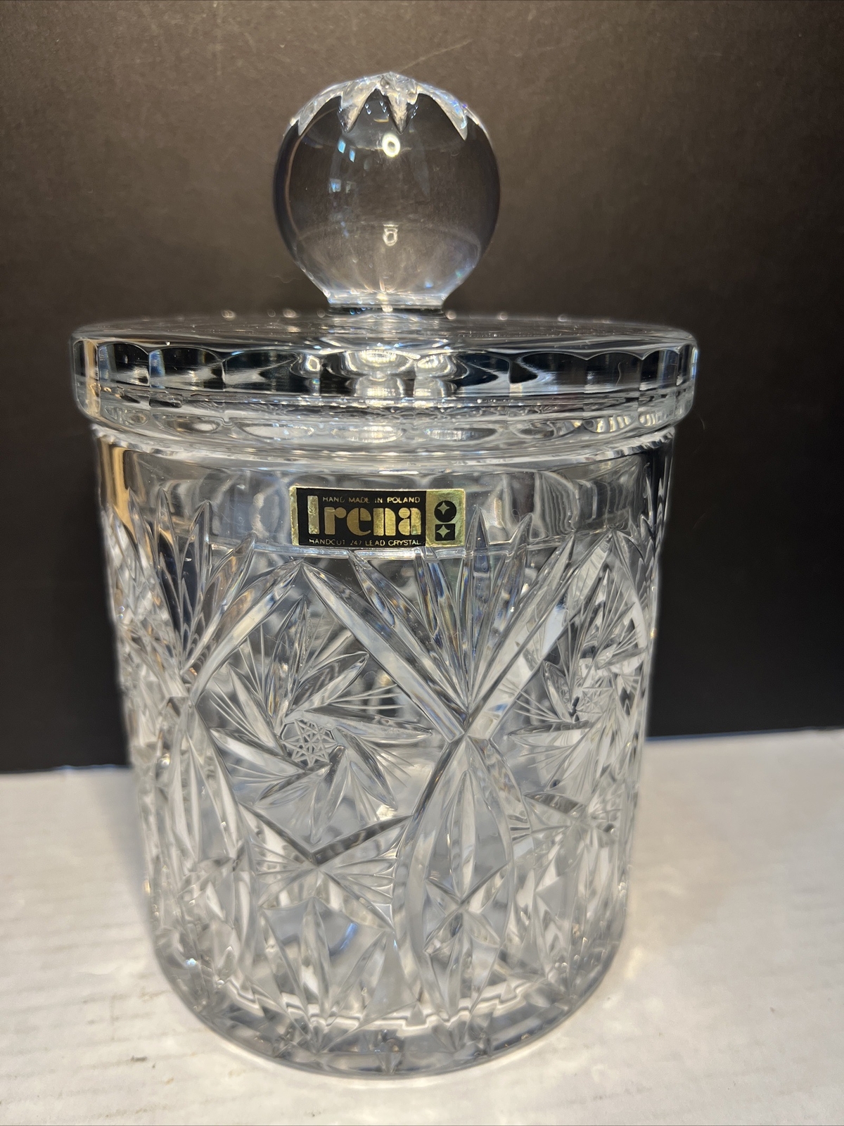 Irena Poland 24% Lead Clear HandCut Crystal Biscuit Jar With Ball Lid PRISTINE Irena Poland 24% Lead Clear HandCut Crystal Biscuit Jar With Ball Lid PRISTINE