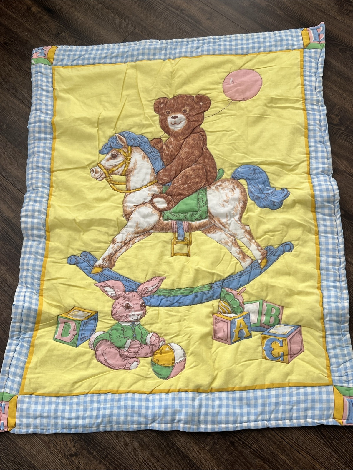 Vtge Printed Baby Quilt Top Teddy Bear On Rocking Horse Gingham 44.5 X 35”