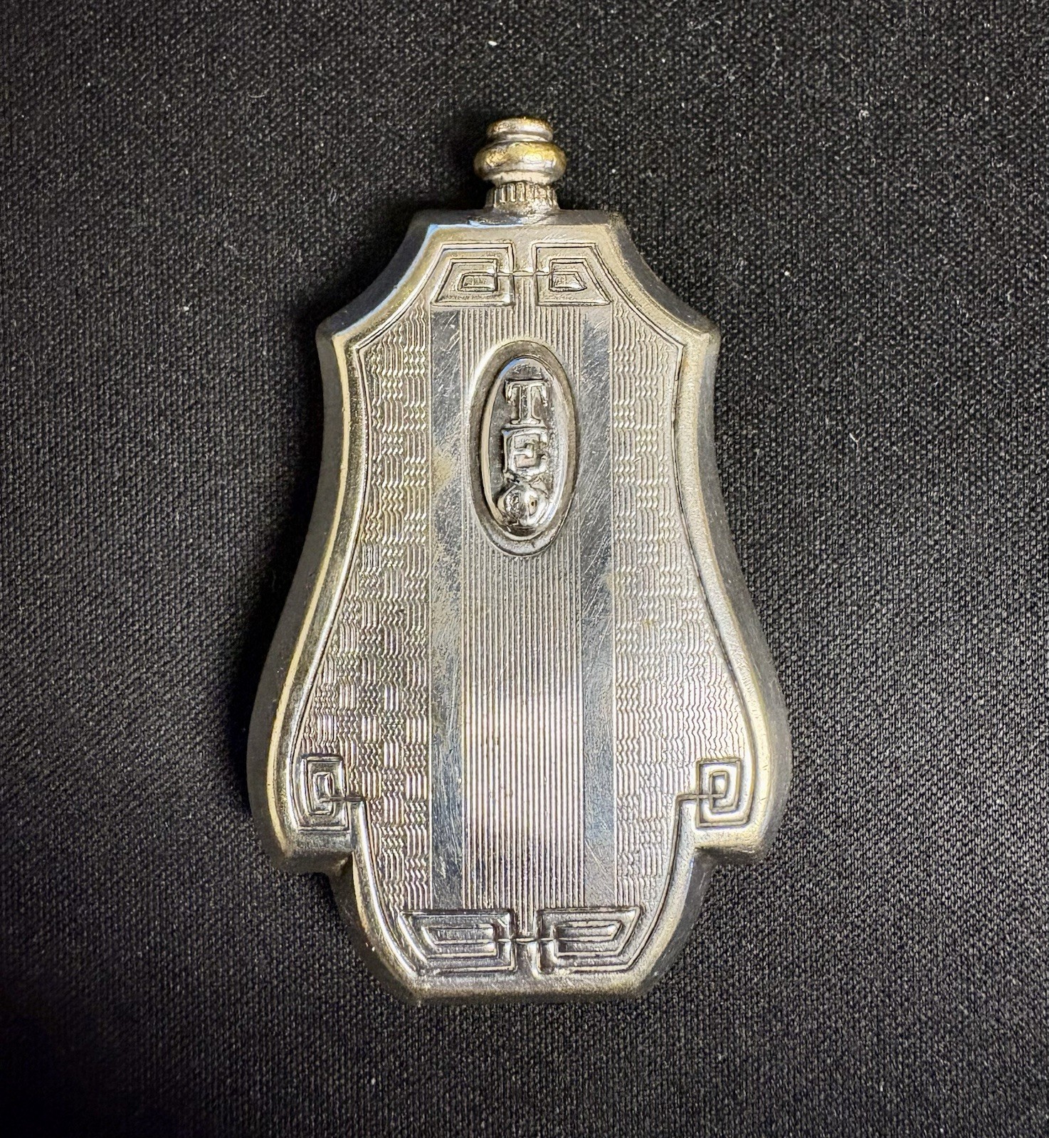 Vintage Art Deco Silver Plate Mini Perfume Flask Bottle Tau Epsilon Phi TEP