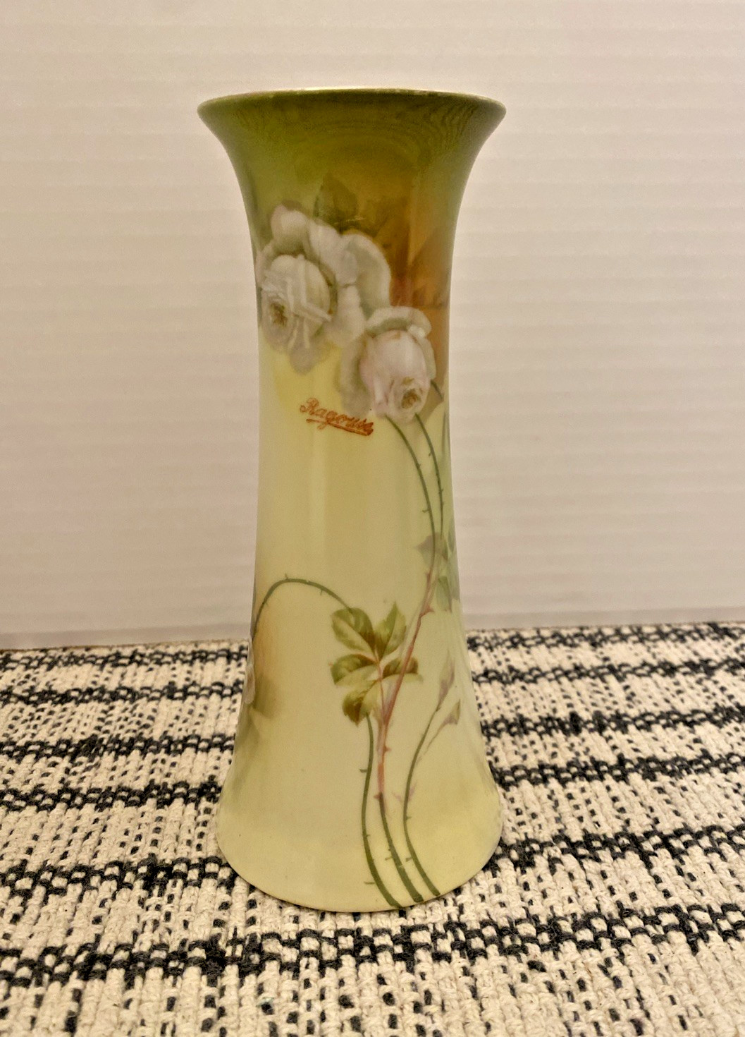 Antique Ragouse PSAG Bavaria Hand Painted Porcelain Hatpin Holder Roses Signed