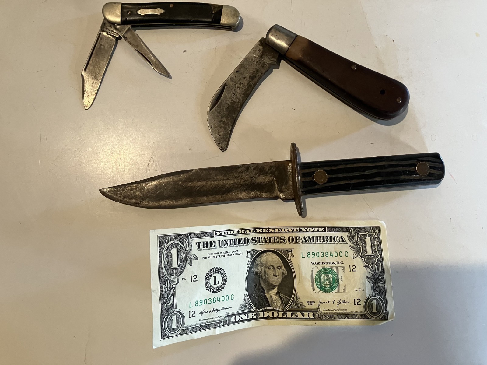 Lot of 3 Vintage Knives Fixed Blade Hunting Pocket Folding Hawkbill As Is