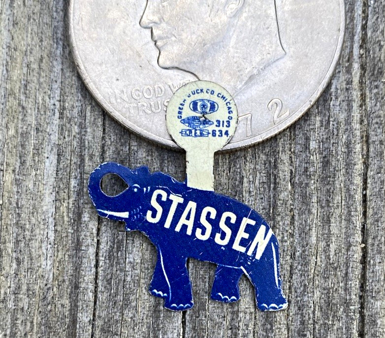 Vtg 1948 ‘52 Harold Stassen GOP Elephant Political Campaign Tab Pin Litho Metal⁠