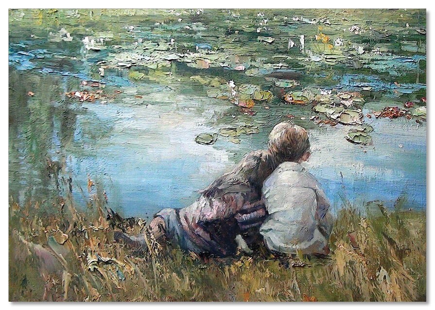 LITTLE GIRL & BOY on the pond Date KIDS ART Morozova Russia NEW modern Postcard