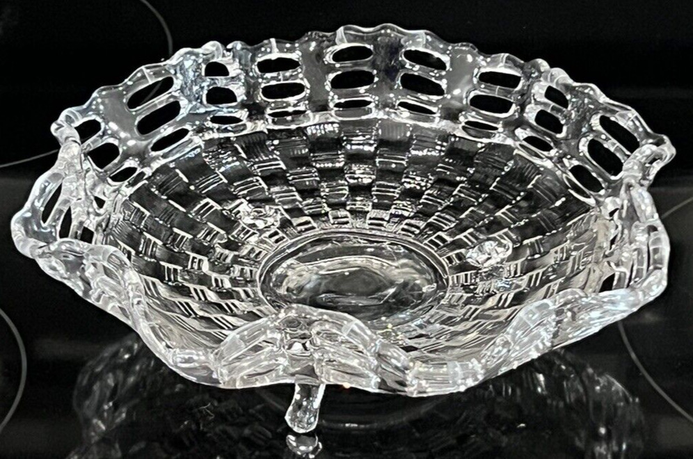 VTG Fenton Clear Glass Footed Bowl Open Lace Scalloped Ruffled Edge Basket Weave