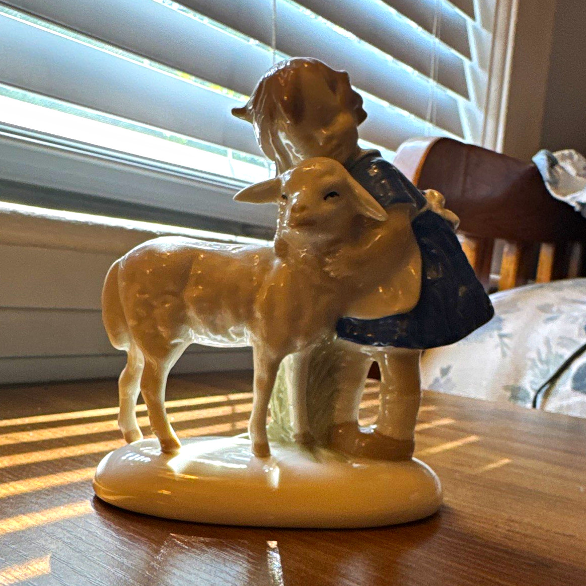 Vintage Hand Painted Porcelain Girl w/ Lamb Figurine Blue/White 1950s