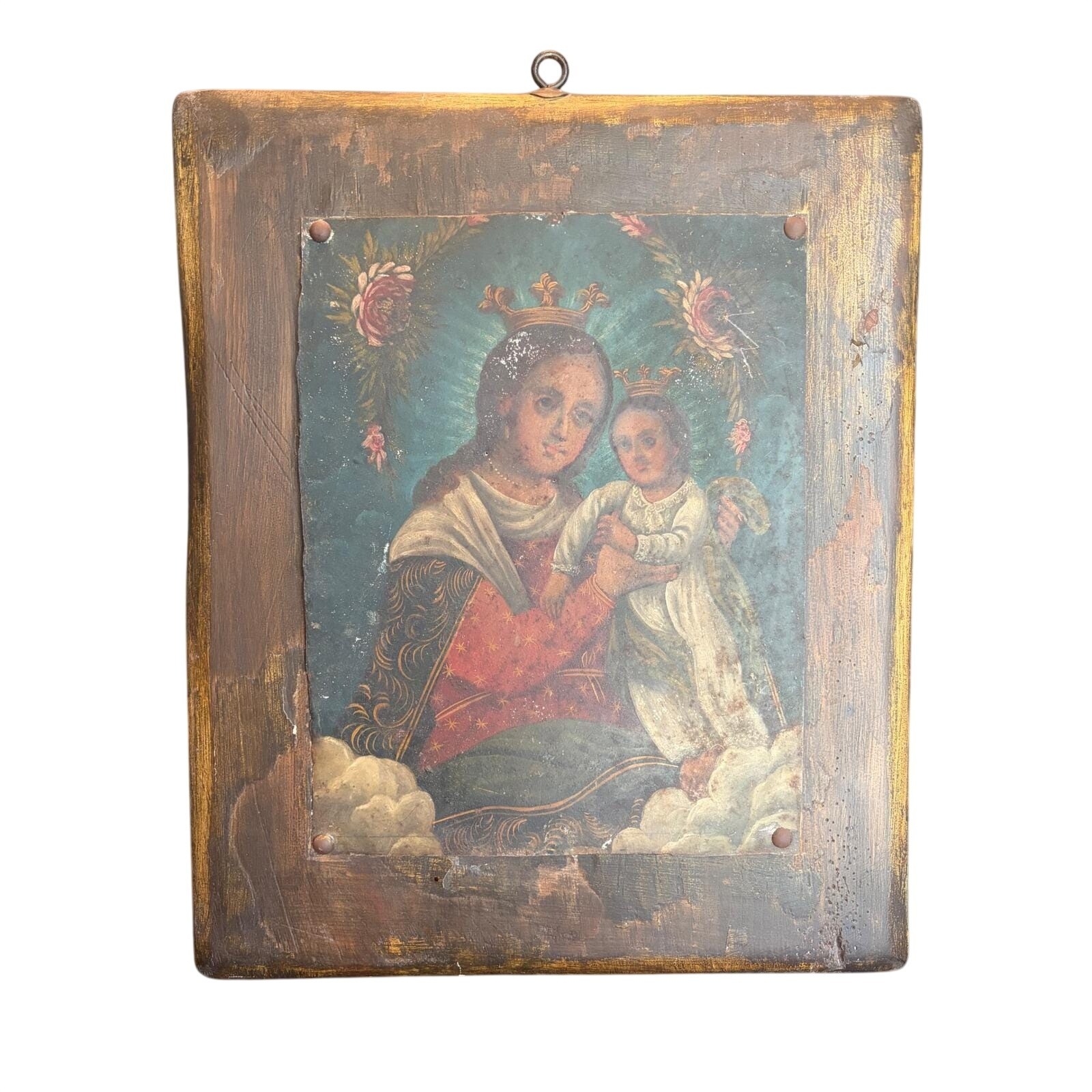 Antique Madonna and Child Religious Icon Hand Painted Metal Wood Retablo Art