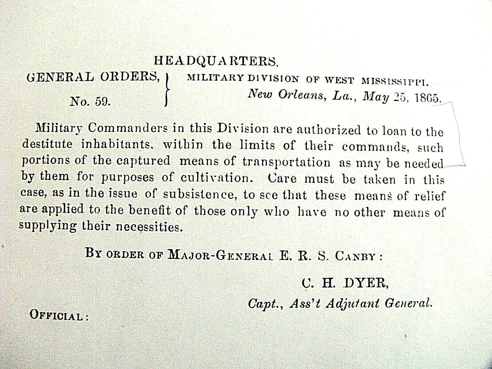 CIVIL WAR  LOUISIANA SURRENDER  ORDER HORSES FOR  DESTITUTE CITIZENS