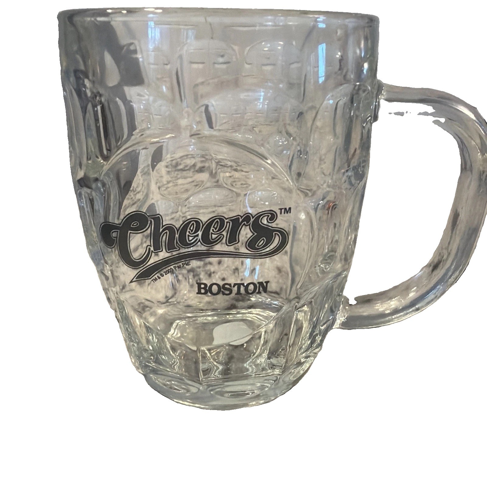Cheers Boston Clear Dempted Glass 16oz Beer Coffee Mug USA Bar TV Show Theme