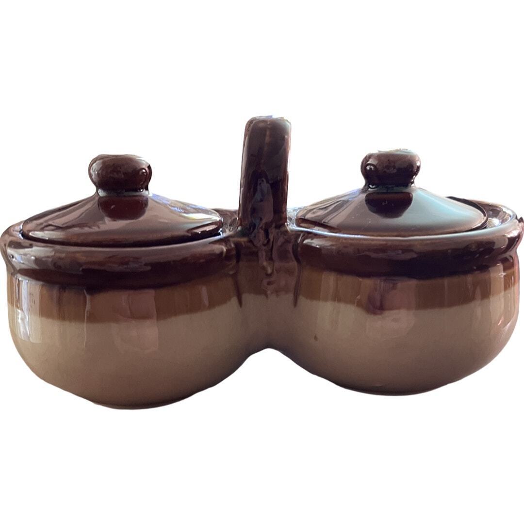 Vintage Brown Drip Glaze Double Pot Condiment Serving Stoneware