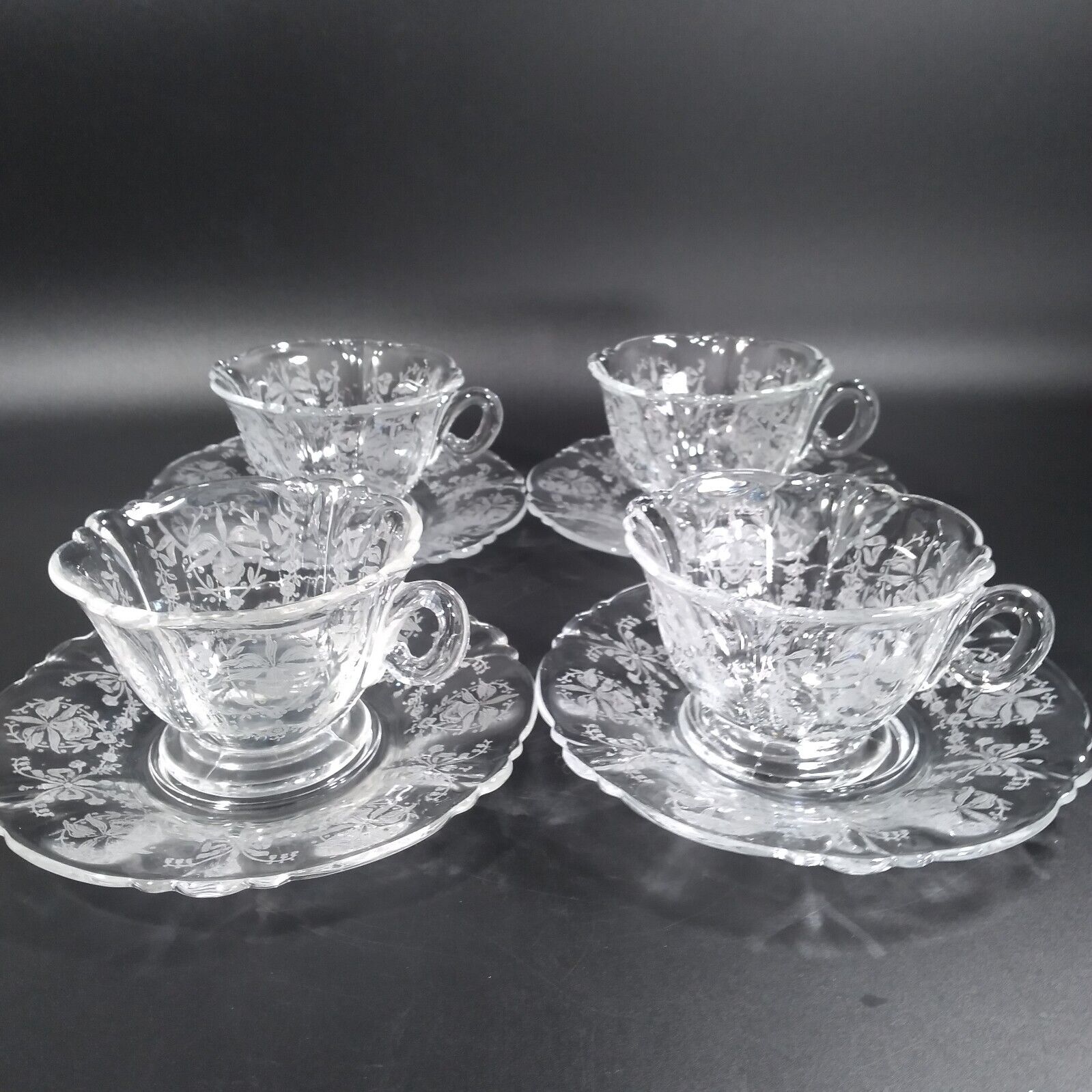 Set of 4 Heisey ORCHID Cup Saucer Set QUEEN ANNE Shape 8 Pieces c. 1940-1957