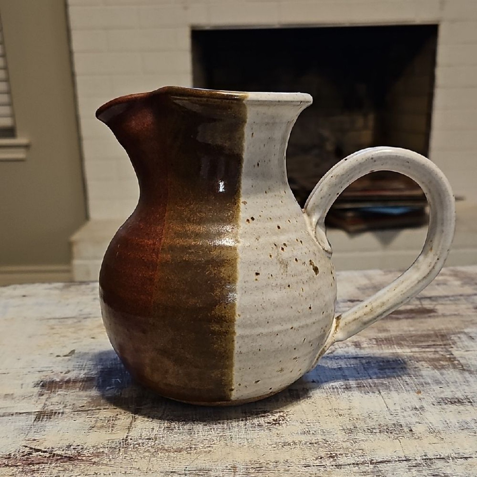 Vintage Studio Pottery Pitcher Hand Thrown Stoneware Creamer Split Glaze 7\