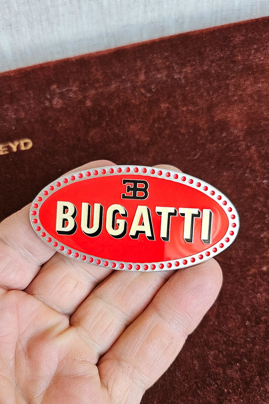VINTAGE ENAMEL AUTOMOBILE RADIATOR EMBLEM / BADGE # ETTORE BUGATTI FRANCE