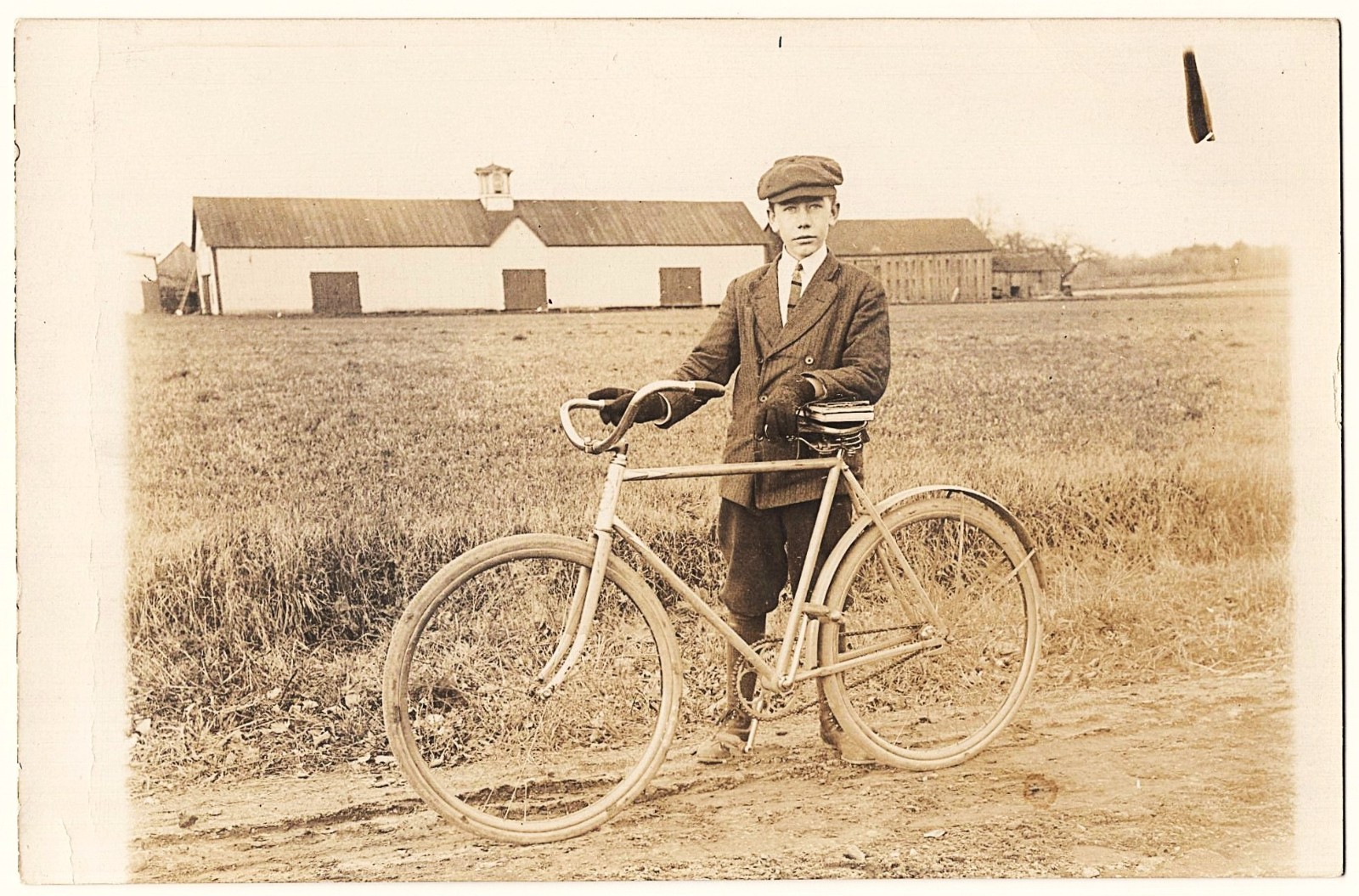 real photo Boy Books Bicycle antique postcard RPPC