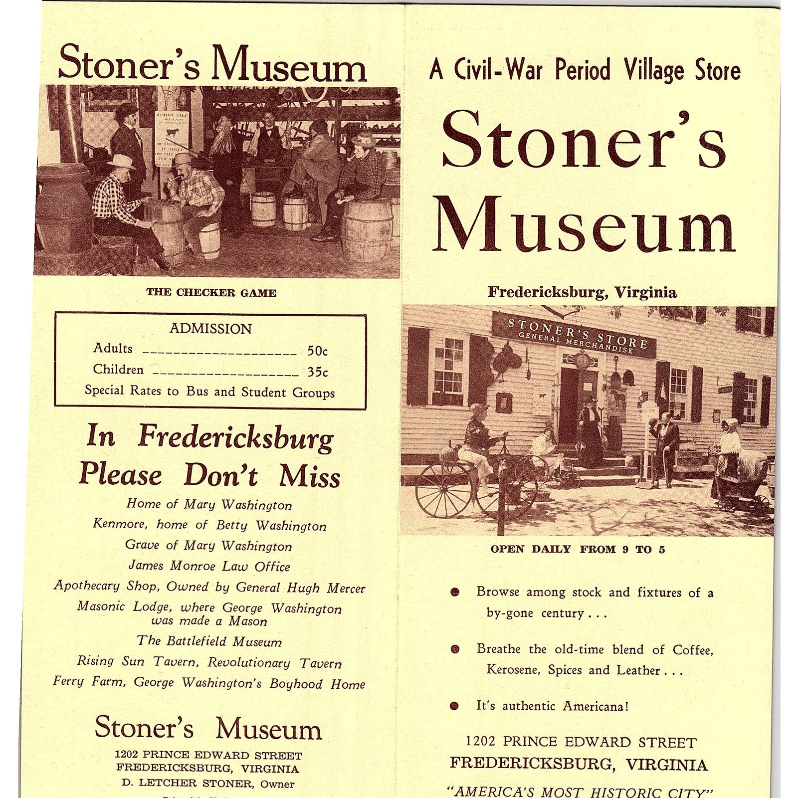 Stoner\'s Museum Village Store Fredericksburg VA Vintage Travel Brochure L2-6