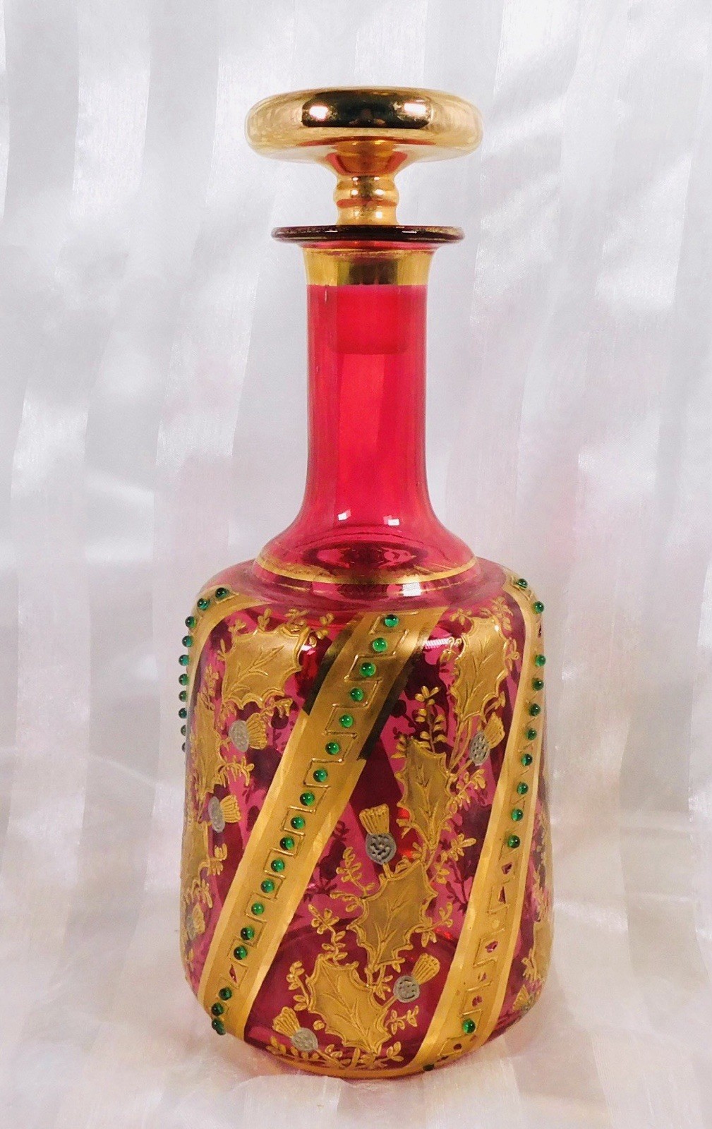 ca.1880’s Bohemian Moser Beaded Cranberry Glass Decanyer/ Vase With Enamel Gold