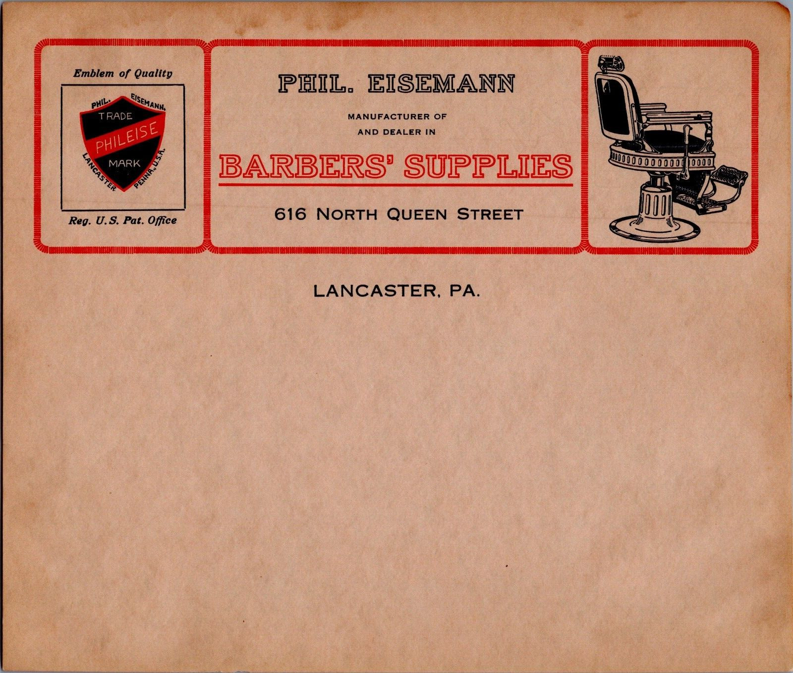 1910 Letterhead Phil Eisemann Barbers\' Supplies Lancaster PA Advertising Blank