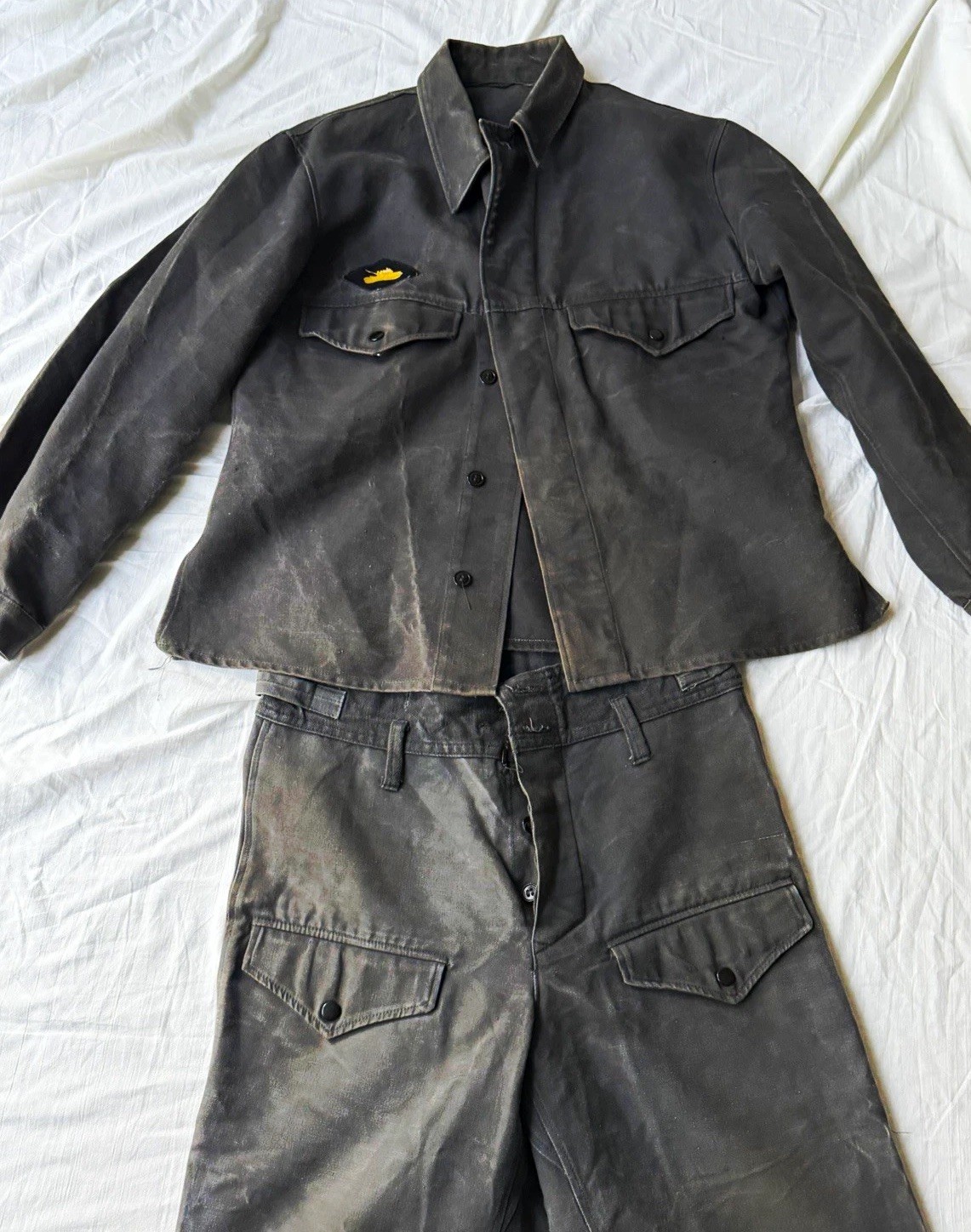 Vintage Archive 1970s Soviet USSR Tanker Suit Faded Black Workwear Jacket Pants 